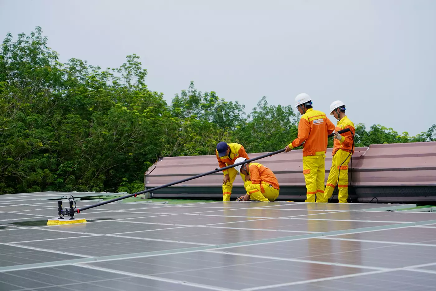 Four workers in hard hats clean a roof of solar panels with a pole brush.