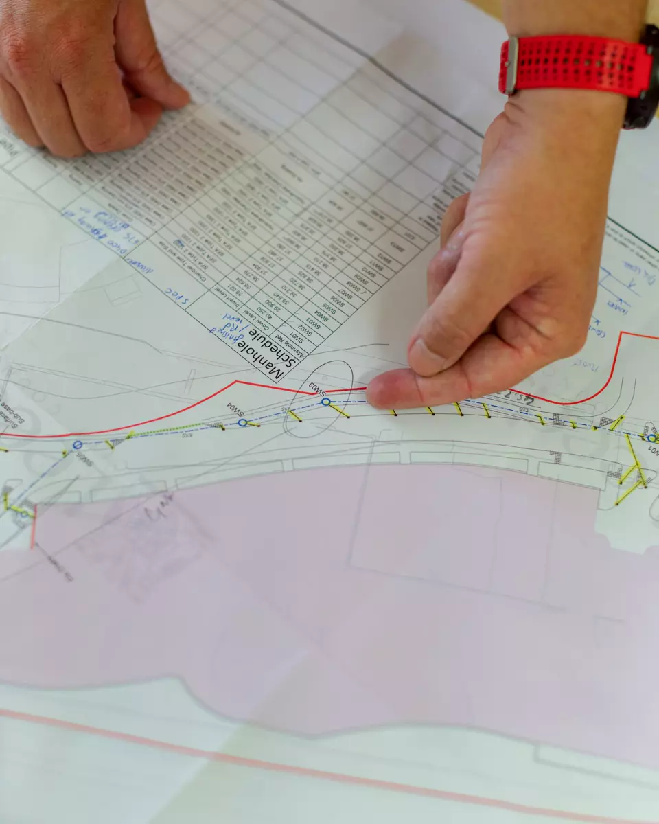 Two hands point at a road alignment on a printed drawing, next to a manhole schedule.